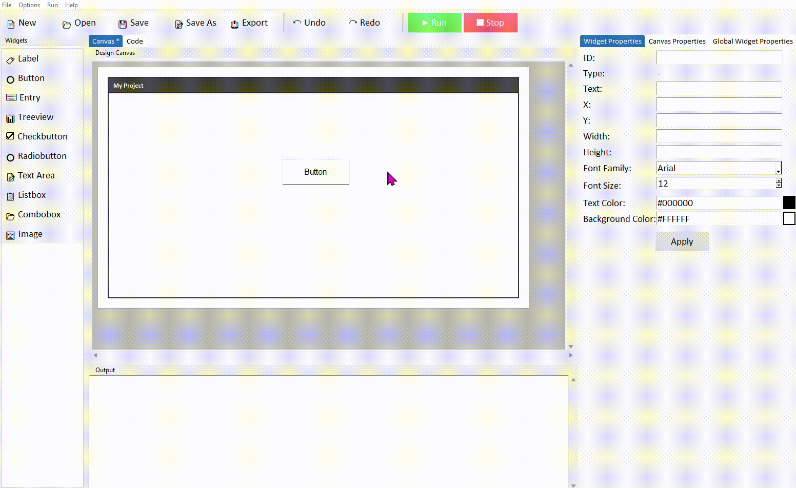 Setting button text and ID in properties panel