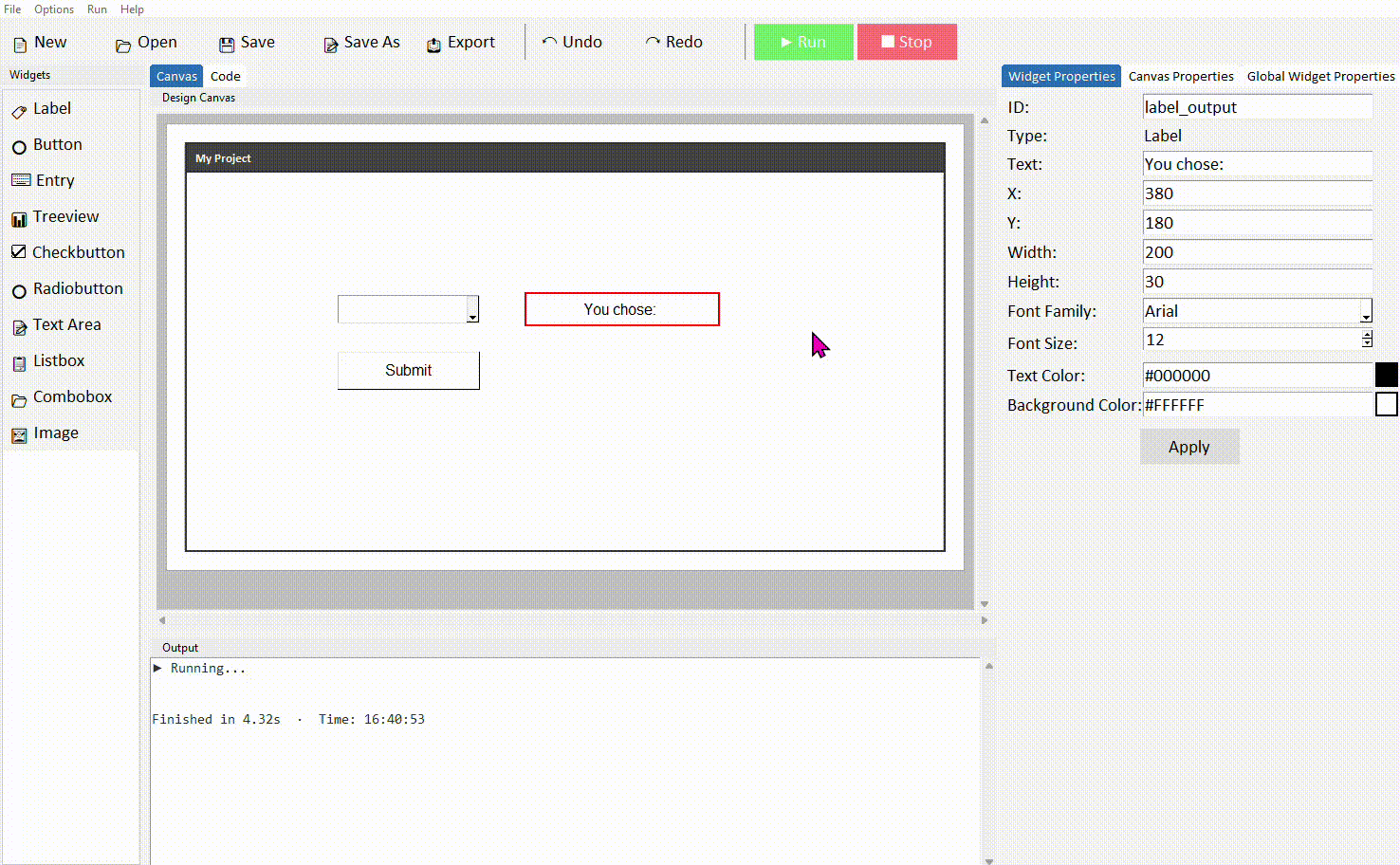Running the app, selecting an option, label updates