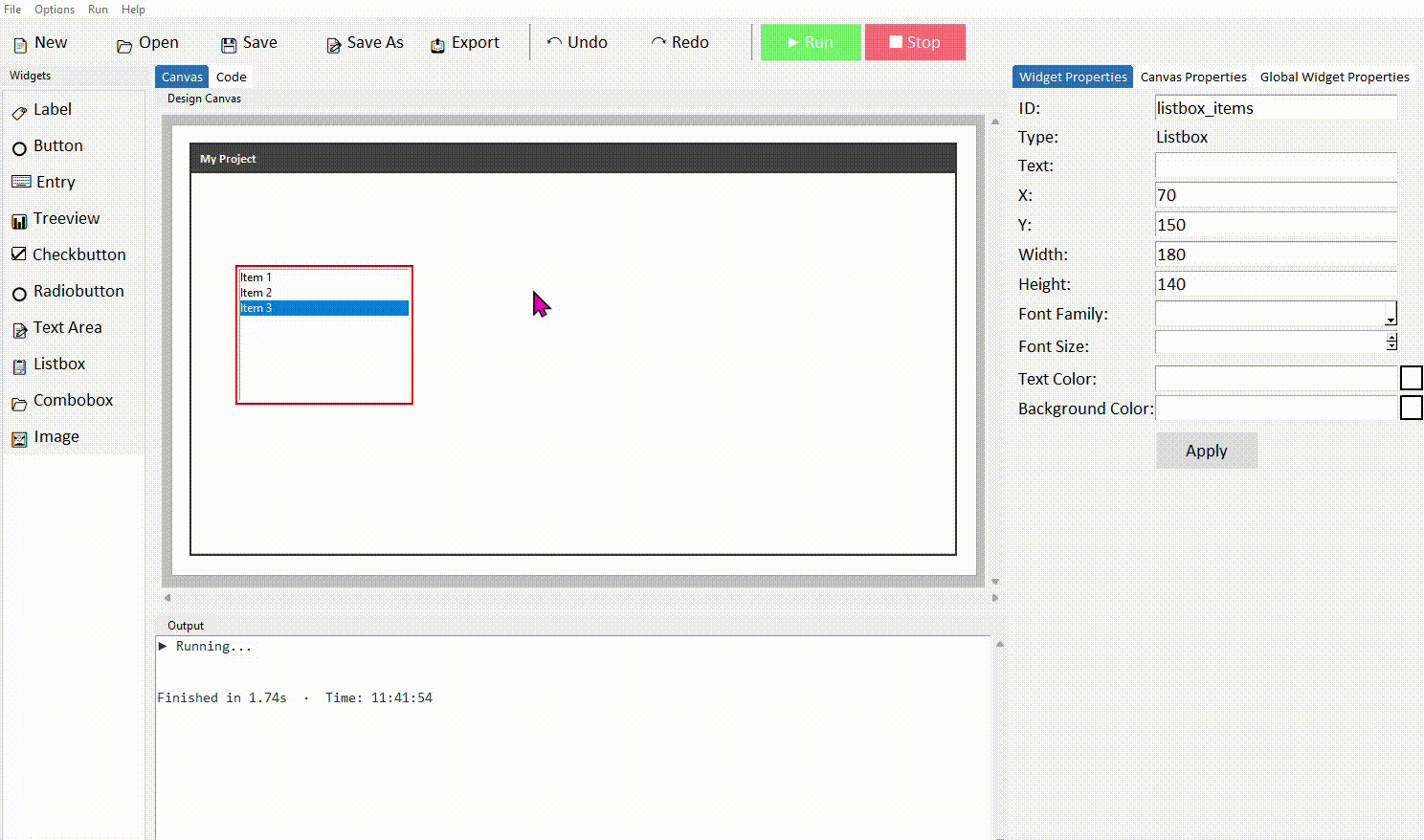 Editing the option loader in the code tab, then running to see real items