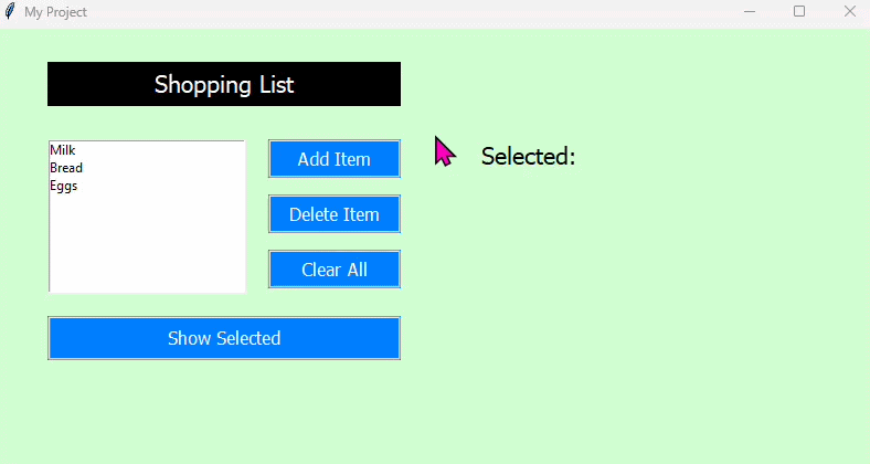 Selecting an item, clicking Delete, item removed from list