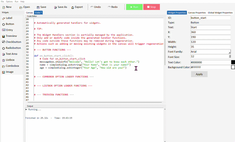 Full sequence running — welcome, name dialog, age dialog, personalised result