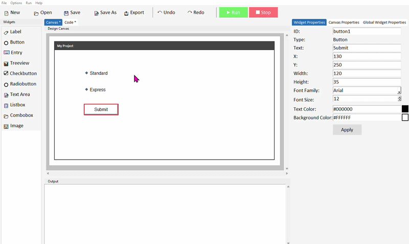 Canvas with two radiobuttons, a button, and a label