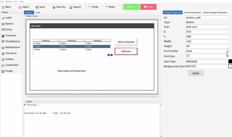 Clicking Add Row, three dialogs appear, new row inserted into treeview