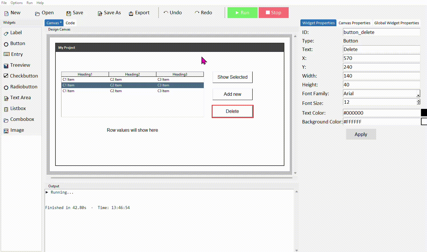 Selecting a row, clicking Delete Row, row removed from treeview